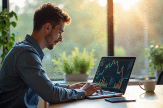 Jeune professionnel analysant des graphiques boursiers sur un ordinateur portable