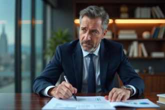 Banquier homme en costume analysant des graphiques financiers