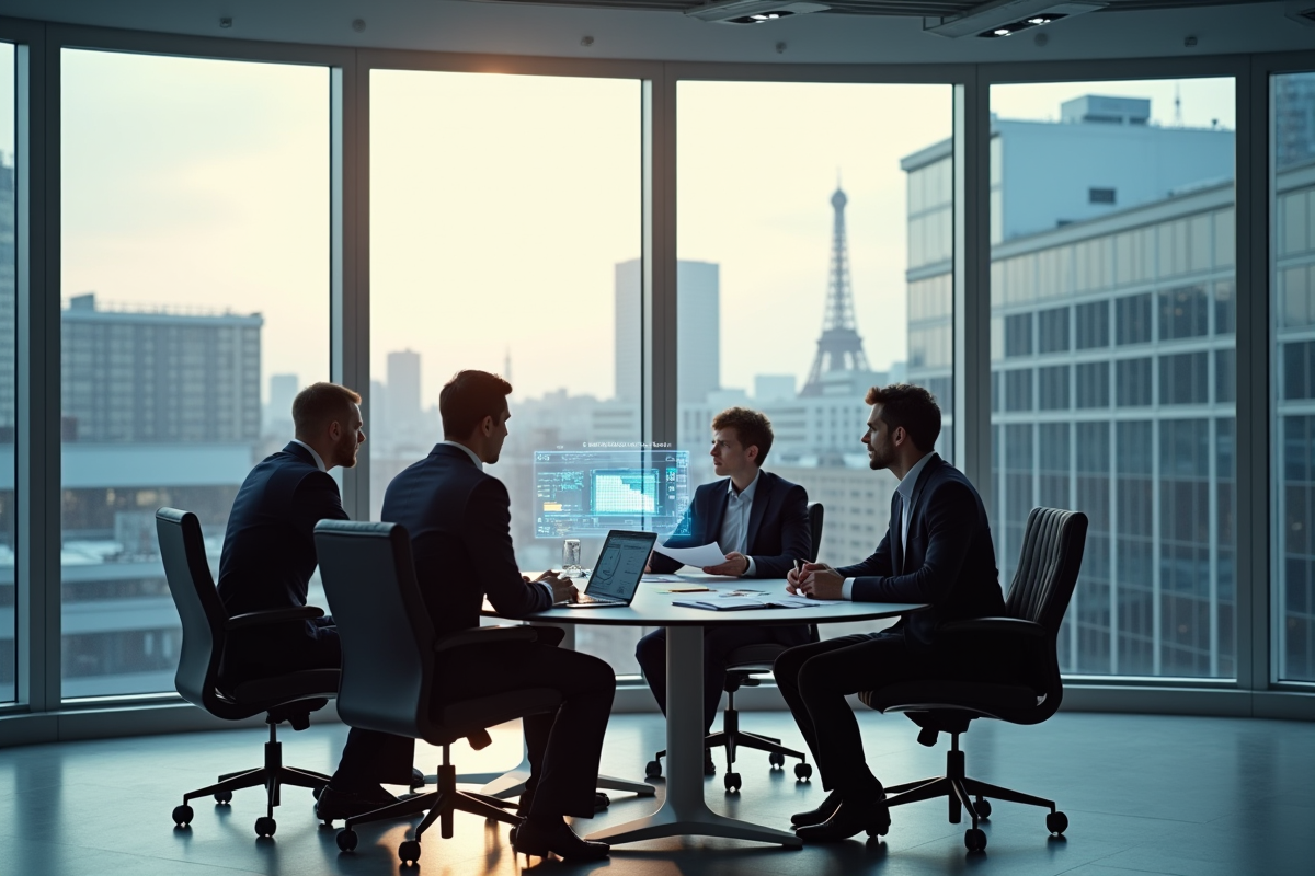 Bureau moderne à Paris avec skyline et réunion d'affaires