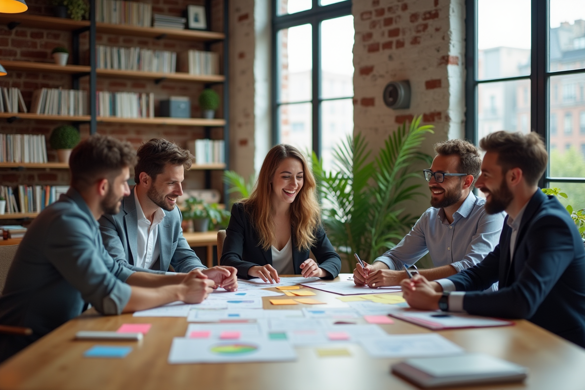 Groupe de collègues en réunion dans un espace créatif