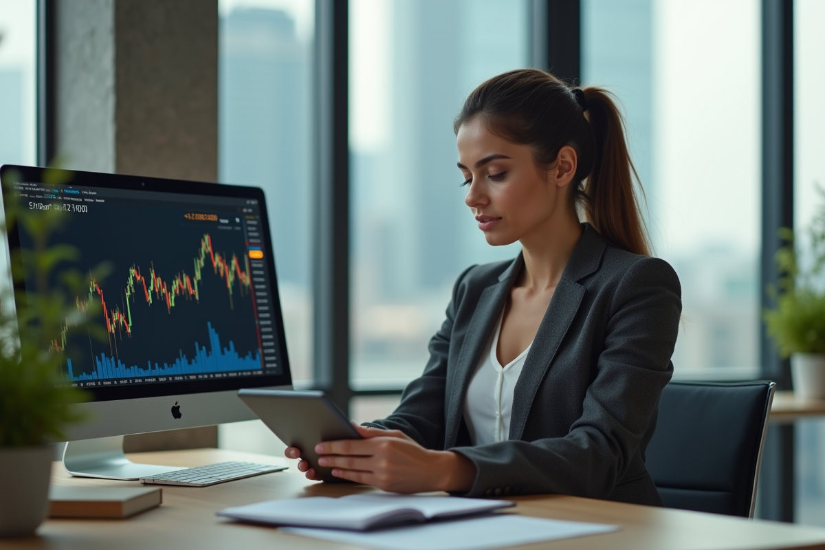 Femme d'affaires analysant un graphique Bitcoin sur tablette