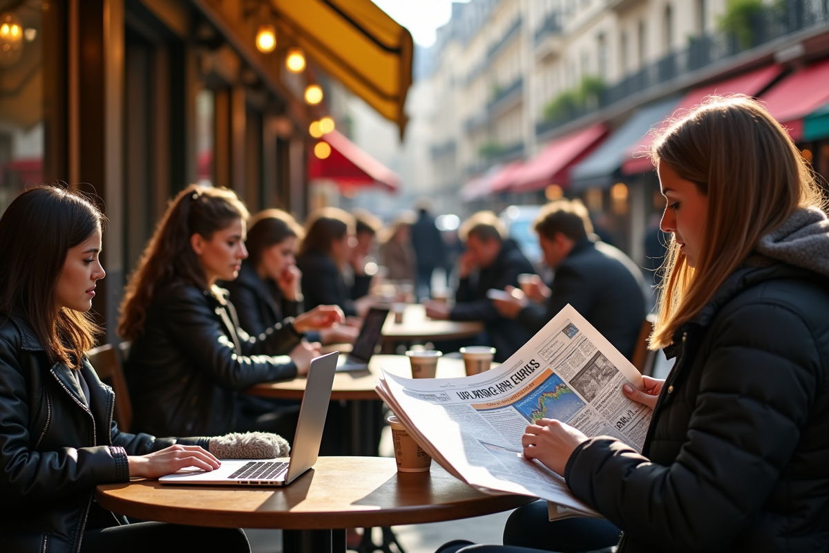 Café parisien animé avec clients et journaux économiques