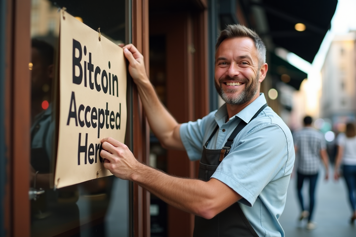 Propriétaire de café affichant un panneau Bitcoin accepté