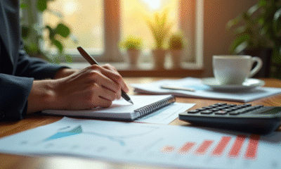 Personne calculant intérêts bancaires avec un carnet et documents