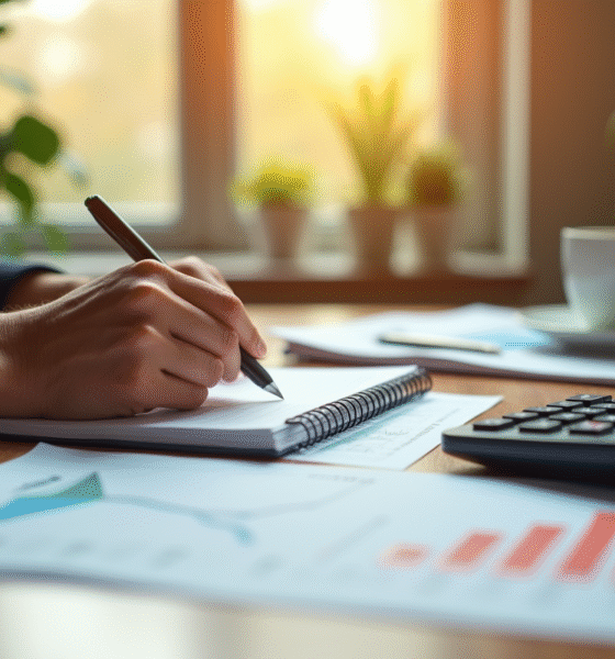 Personne calculant intérêts bancaires avec un carnet et documents