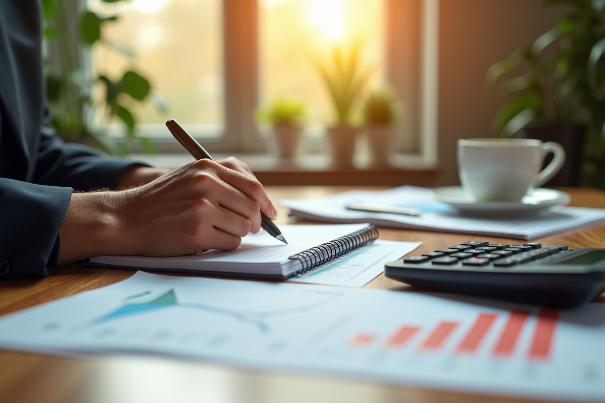 Personne calculant intérêts bancaires avec un carnet et documents