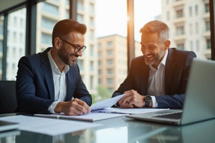 Conseiller assurance professionnel expliquant documents en bureau