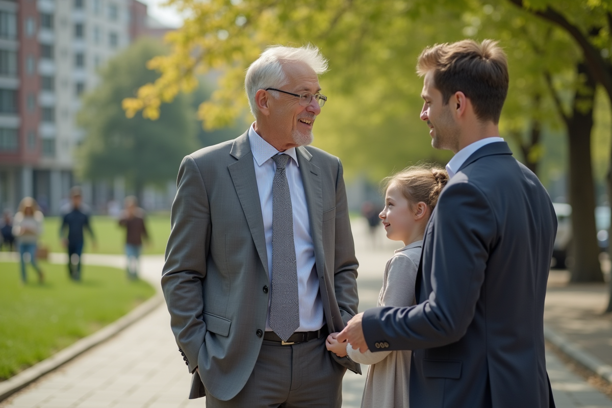 Conseiller assurance parlant avec famille dans parc urbain