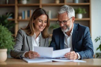 Couple d'affaires souriant dans une banque moderne