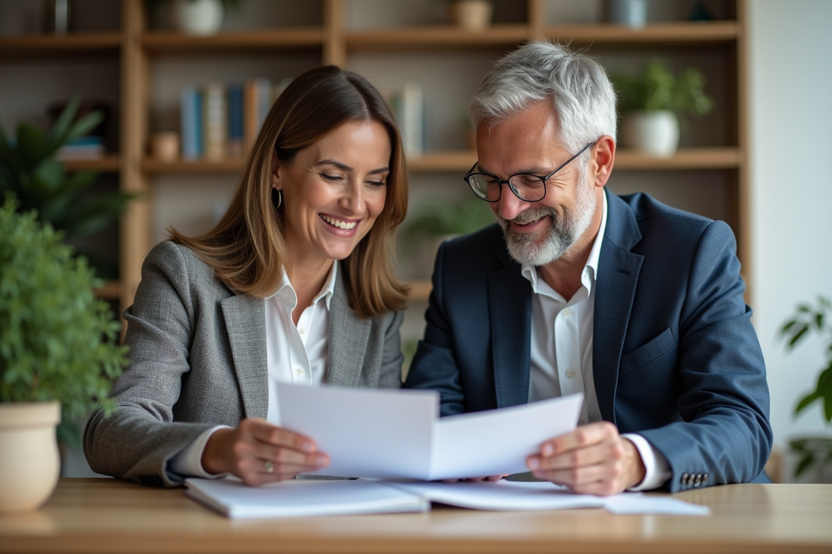 Couple d'affaires souriant dans une banque moderne