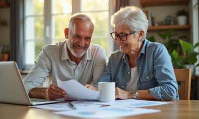 Couple mature souriant revoyant des documents financiers à la maison