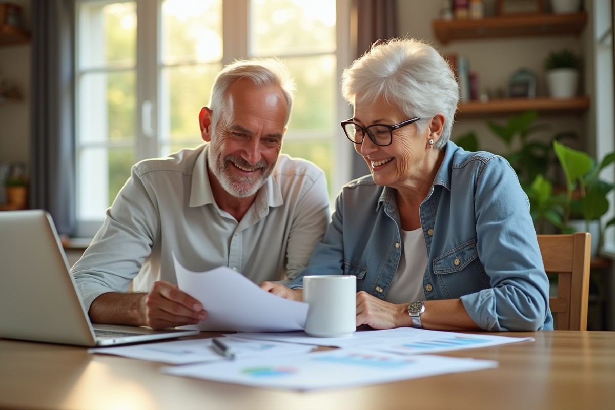 Couple mature souriant revoyant des documents financiers à la maison
