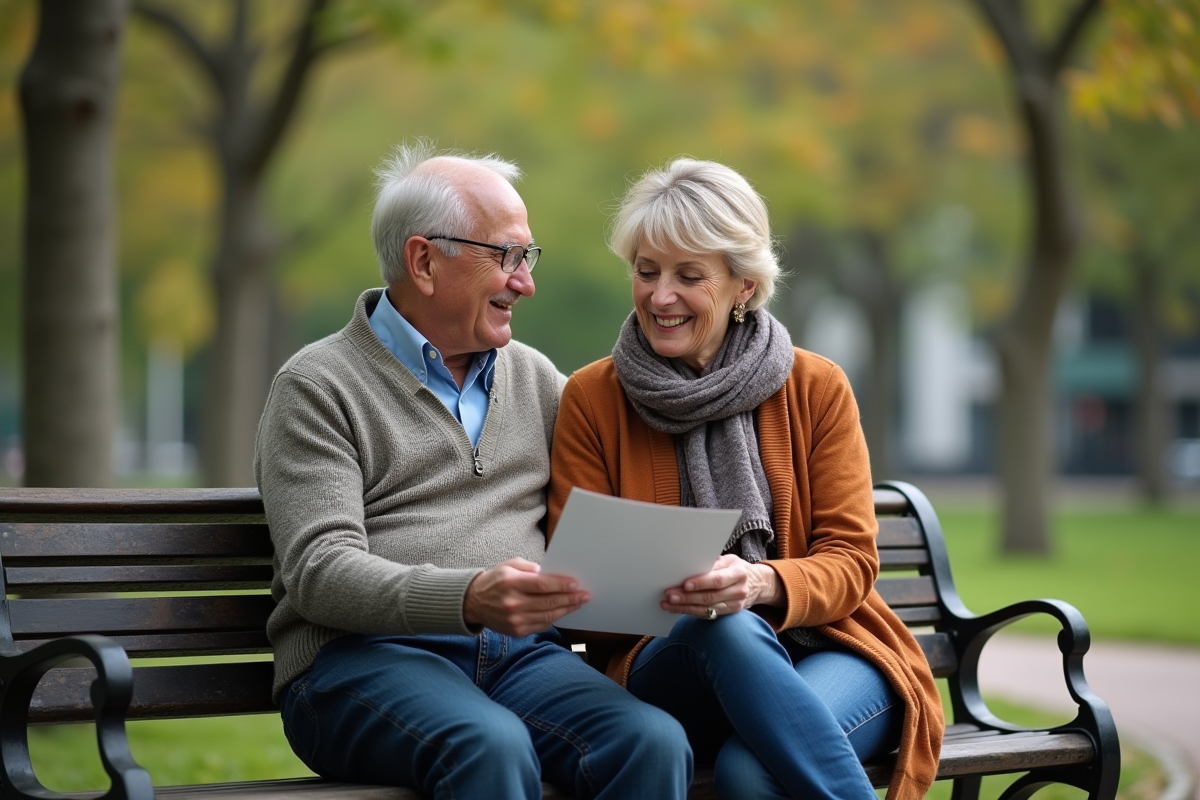 Couple senior discute d assurance dans un parc