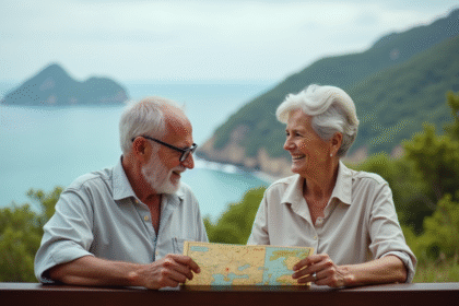 Couple retraité souriant regardant une carte face à la mer