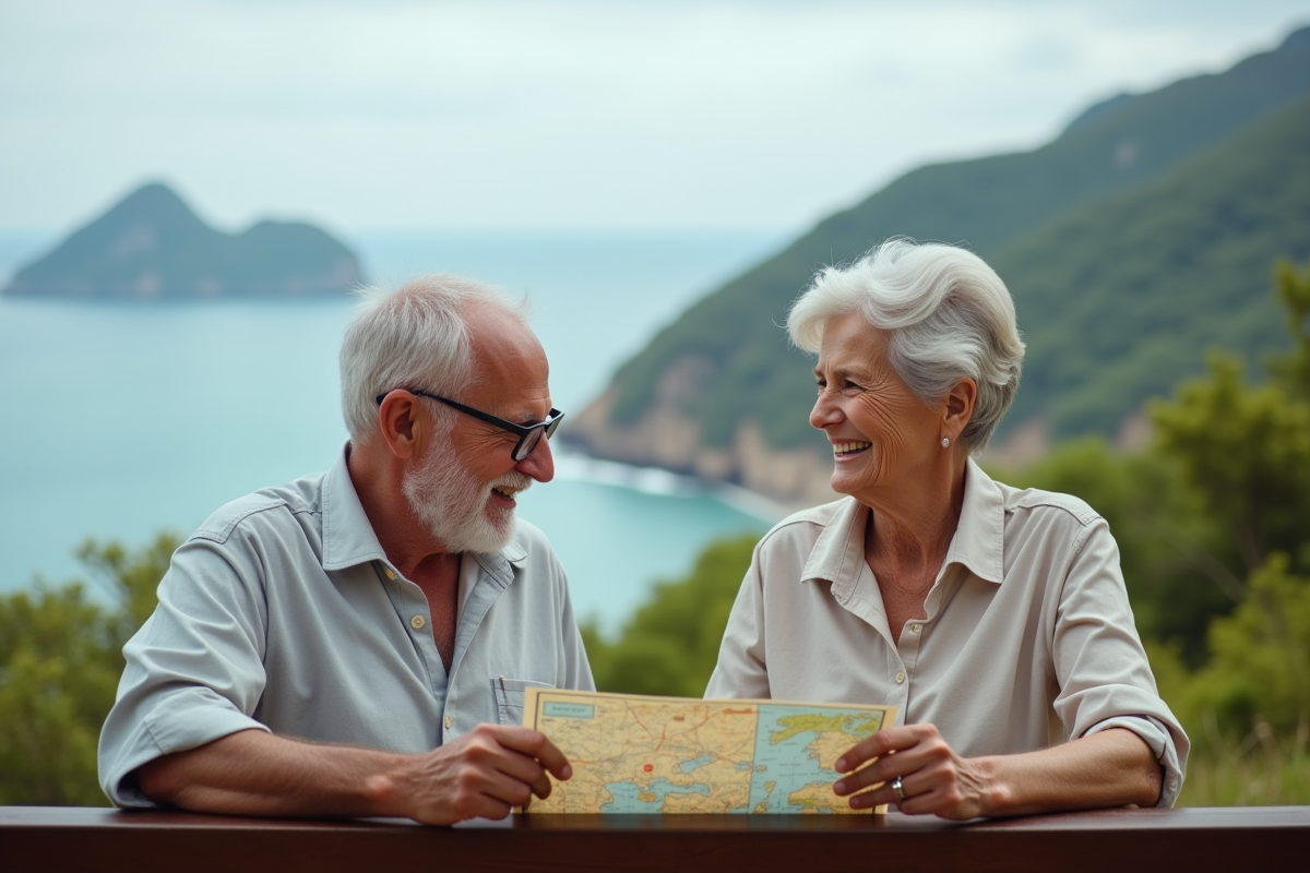 Couple retraité souriant regardant une carte face à la mer