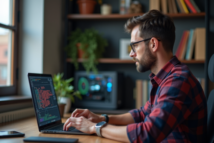 Homme developpeur en bureau avec application bitcoin