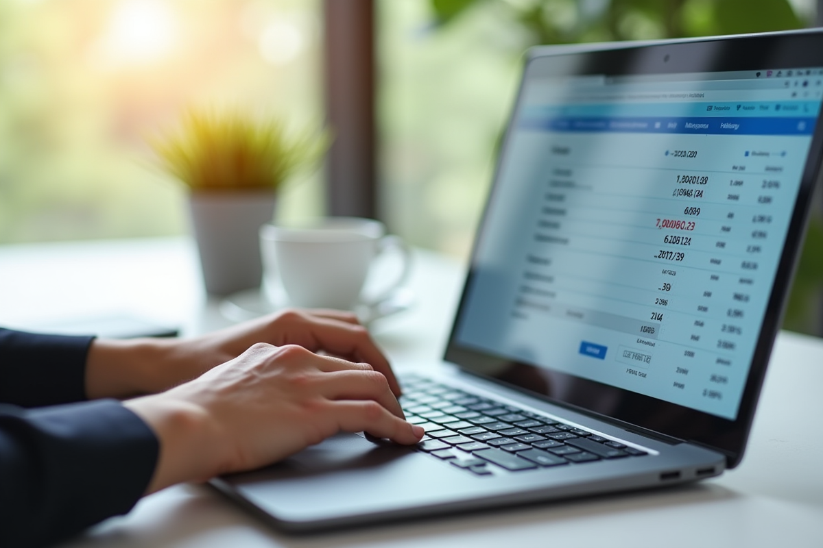 Gros plan sur écran affichant relevé bancaire et calculatrice
