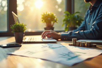 Espace de travail professionnel avec ordinateur et graphiques financiers