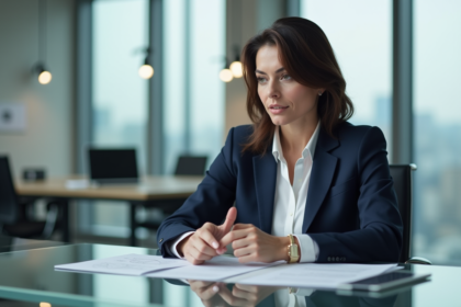 Femme d'affaires confiante en costume navy en réunion