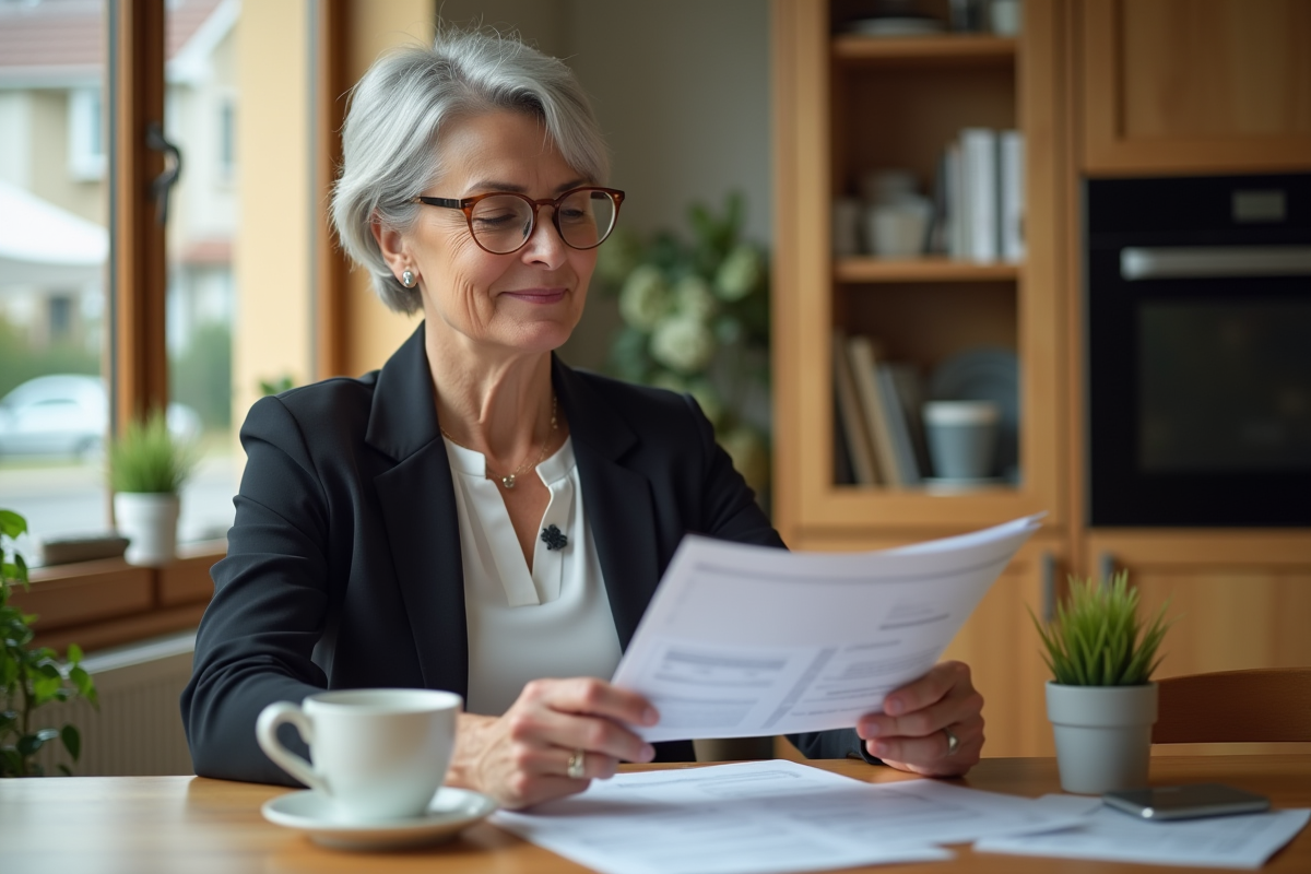 Femme d affaires examine des documents d assurance à la maison
