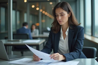 Femme d'affaires en train de lire des documents financiers