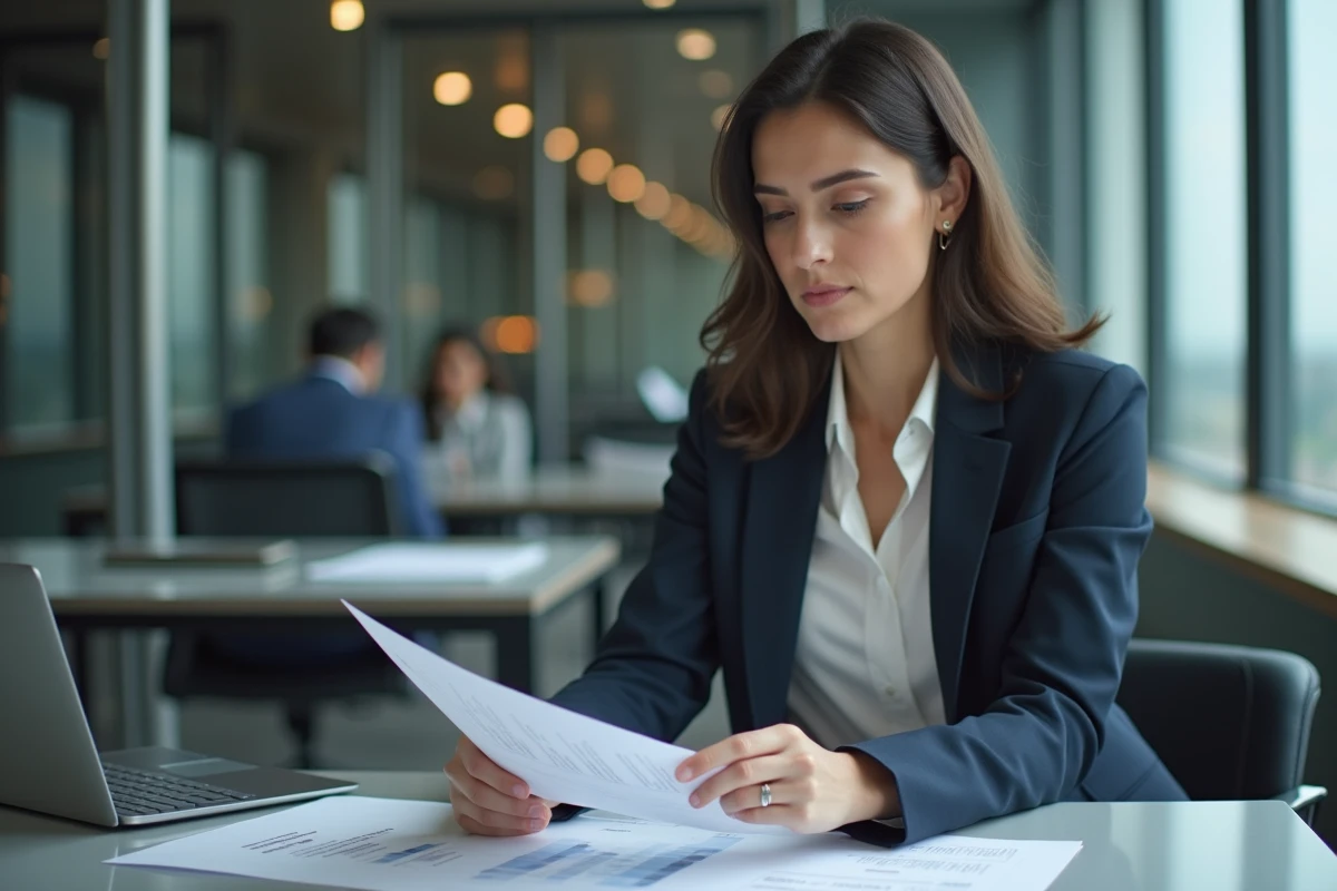Femme d'affaires en train de lire des documents financiers