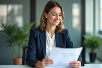 Femme d'affaires souriante examinant un document de prêt