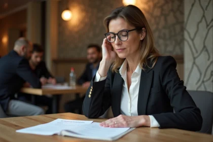 Femme d'affaires française examine un contrat de prêt dans un café parisien