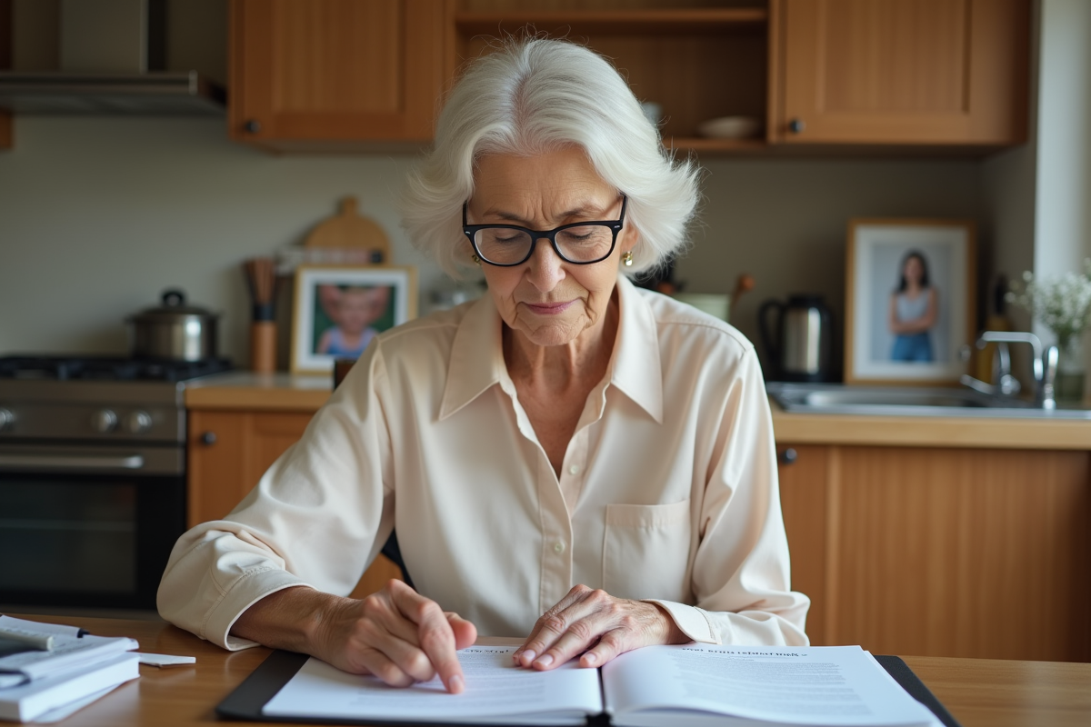 Femme agee examine ses papiers dans la cuisine chaleureuse