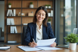 Femme professionnelle en bureau avec documents d'assurance