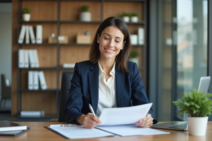 Femme professionnelle en bureau avec documents d'assurance