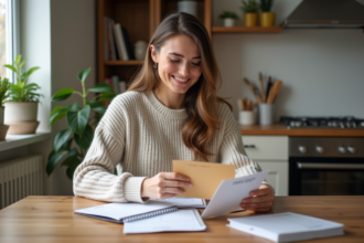 Femme souriante avec son budget organisé à la maison