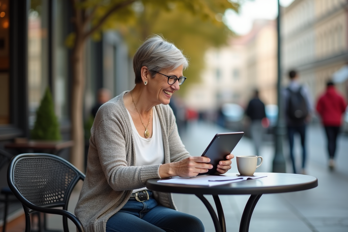 Femme souriante utilisant une tablette dans un café en ville