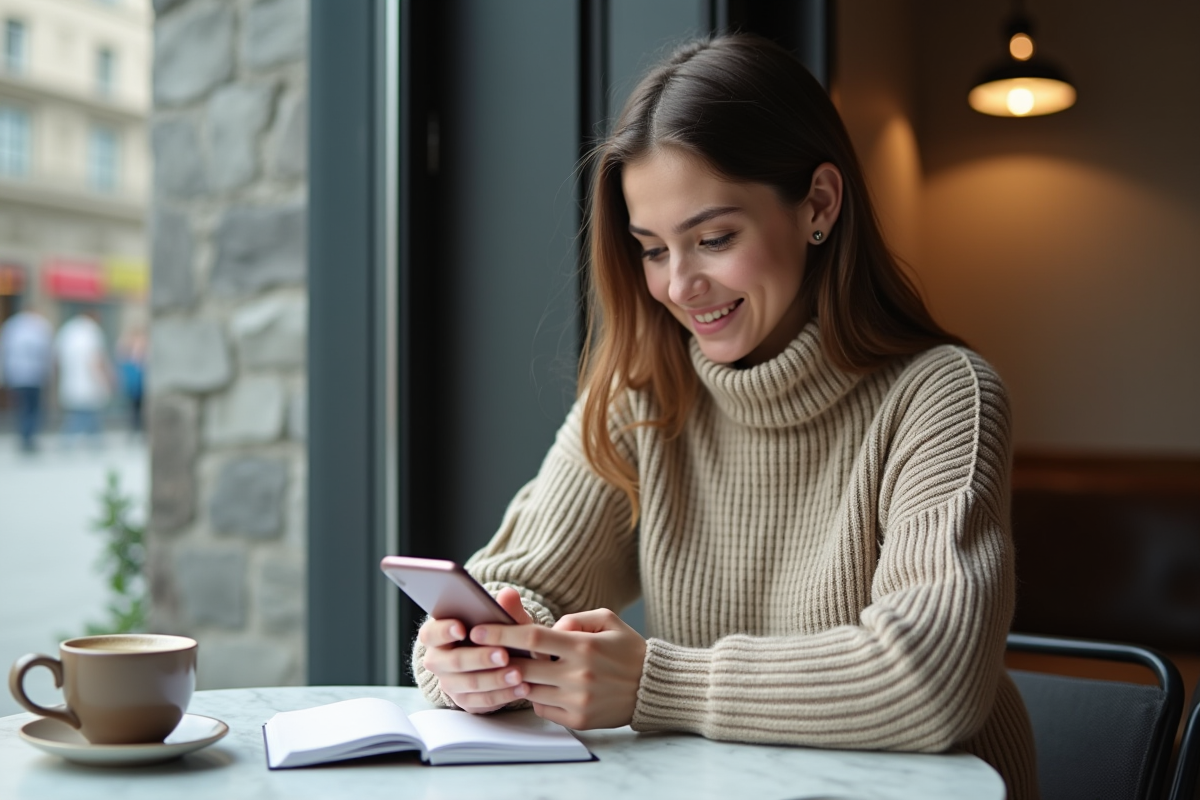 Jeune femme utilisant son smartphone dans un café bancaire