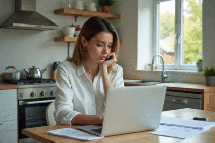 Femme en cuisine moderne examinant des documents et ordinateur