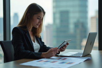 Jeune femme regardant des données de finance decentralisee sur une tablette