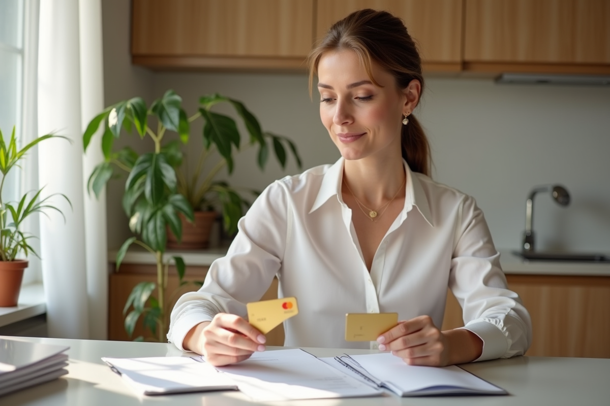 Femme élégante avec carte bancaire dans une cuisine moderne