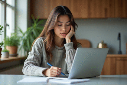 Jeune femme à la cuisine consulte ses notes et ordinateur