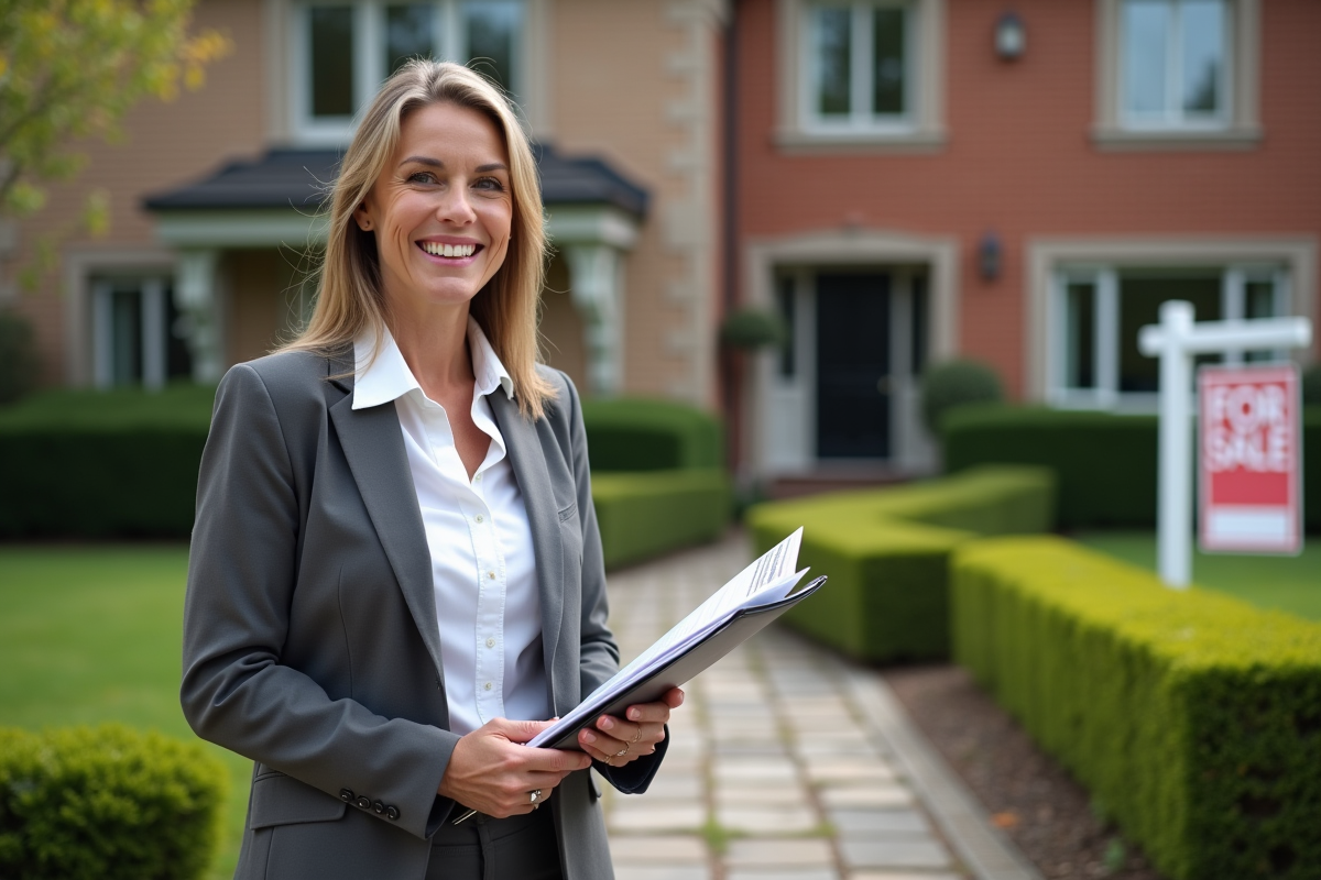 Femme souriante devant une maison avec panneau vente