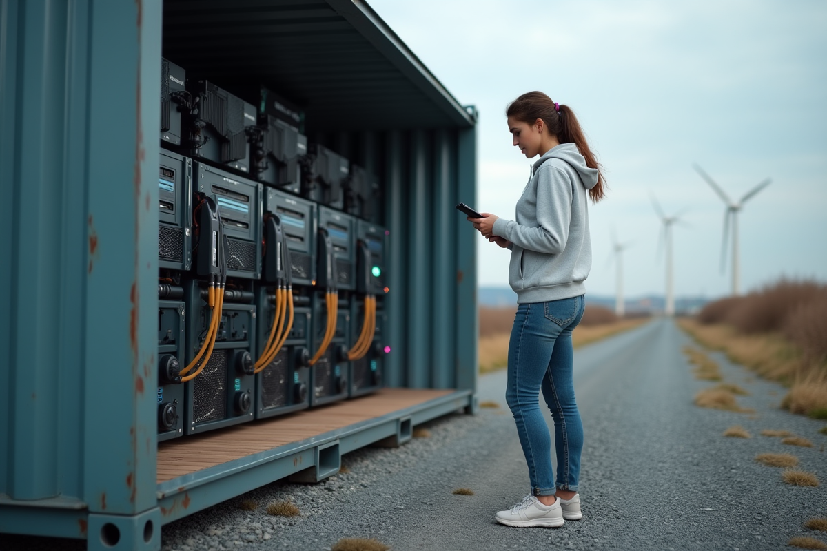 Jeune femme surveillant un container de minage en extérieur