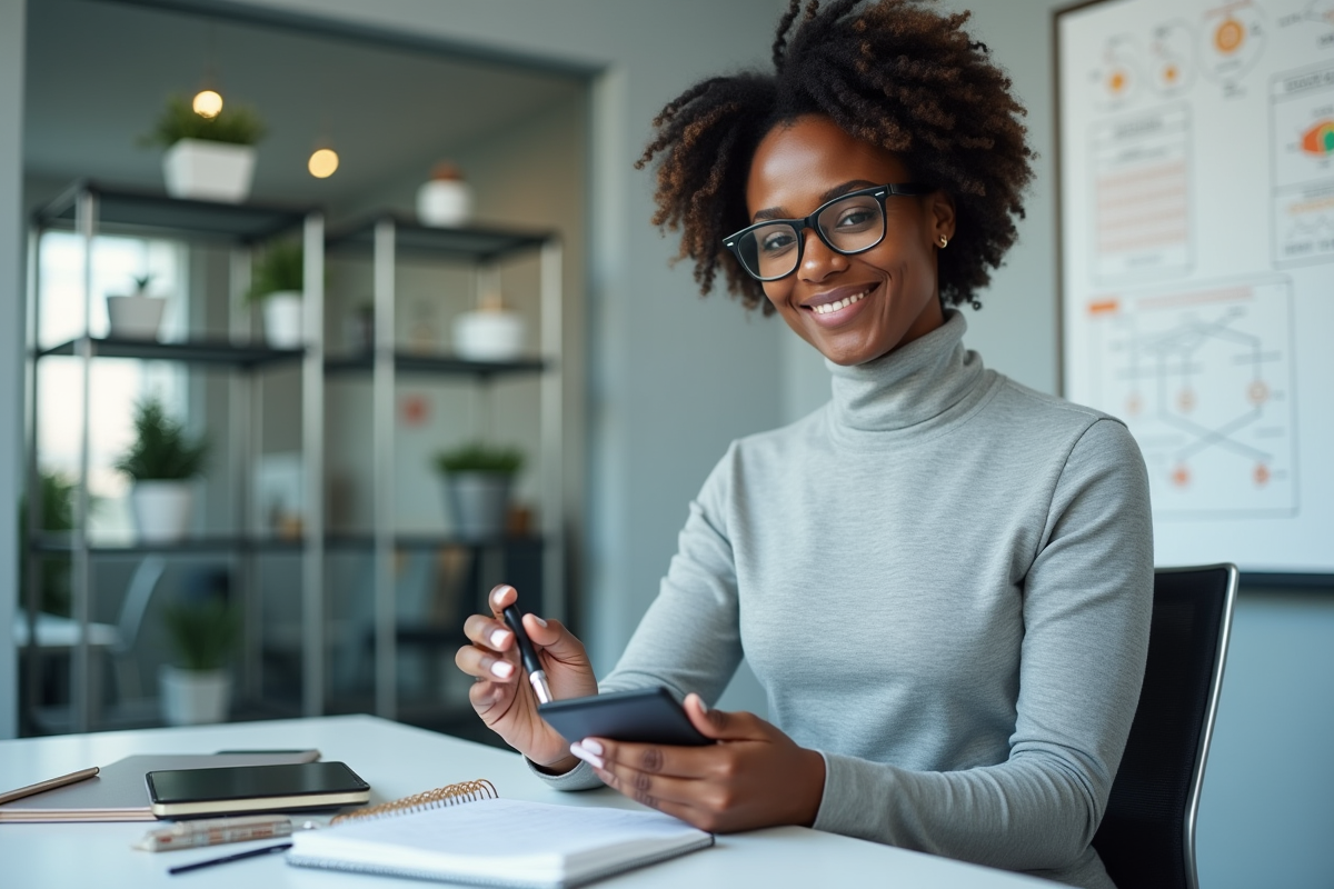 Femme noire tenant un portefeuille hardware en pleine transaction