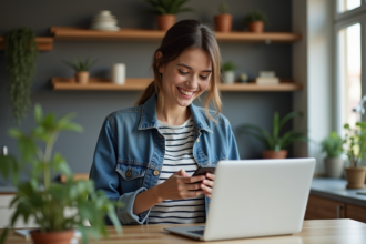 Jeune femme souriante utilisant son ordinateur à la maison