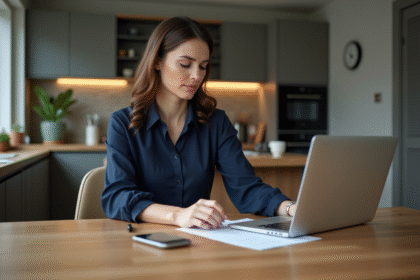 Femme professionnelle en intérieur moderne préparant des documents