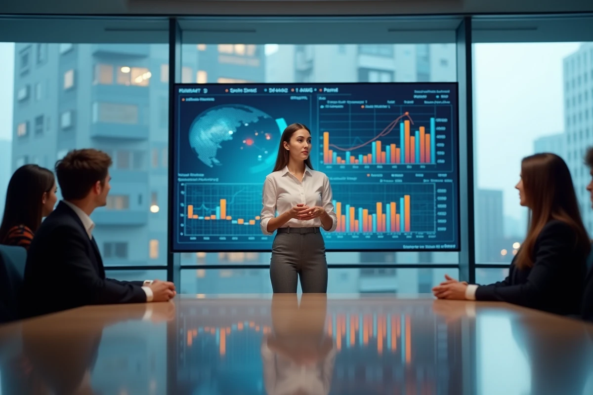 Femme présentant des graphiques financiers interactifs