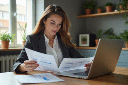 Femme en blouse et blazer compare brochures de prêt