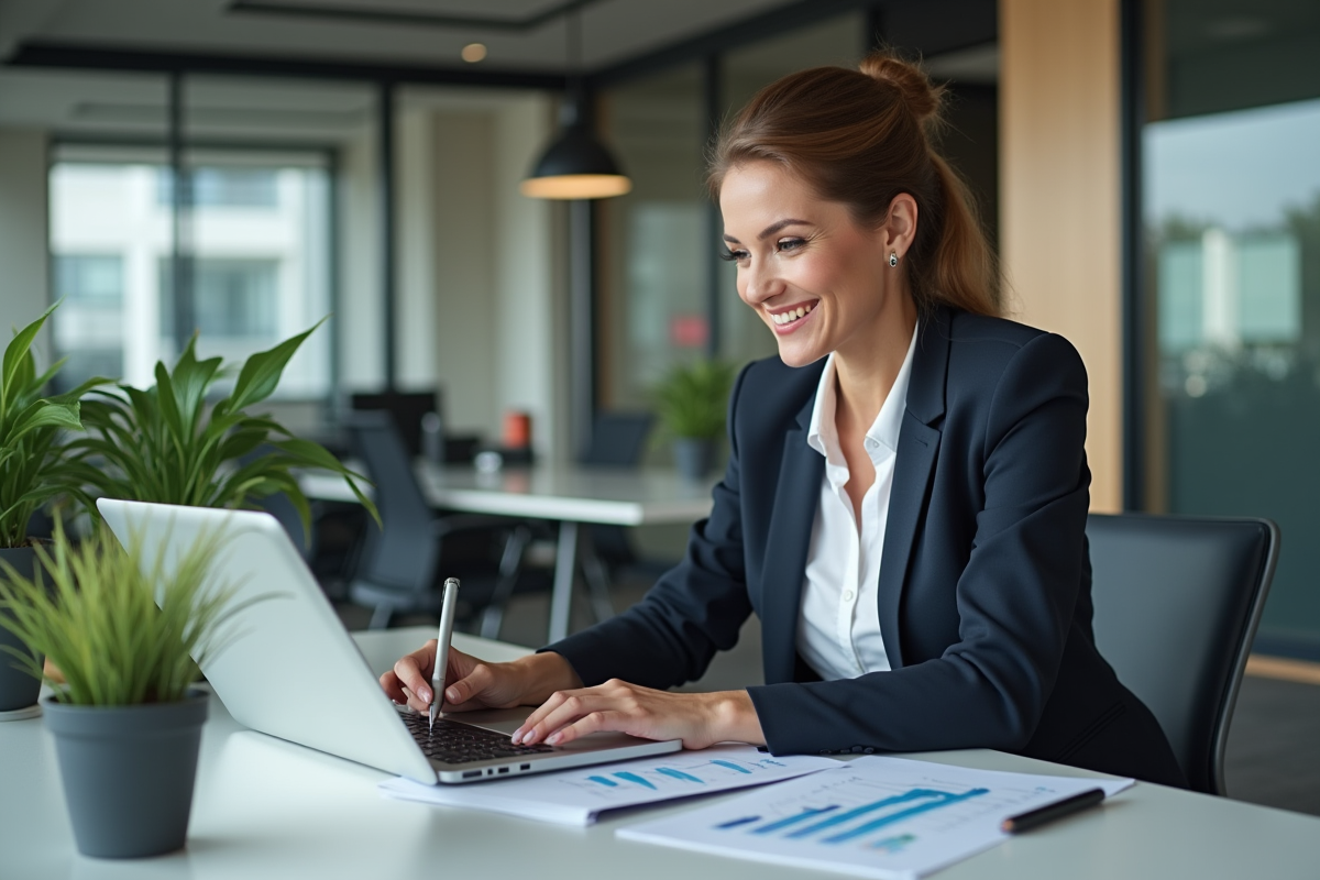 Femme d affaires souriante au bureau avec graphiques
