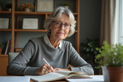 Femme d'âge moyen dans un bureau cosy pour l'article {titre}