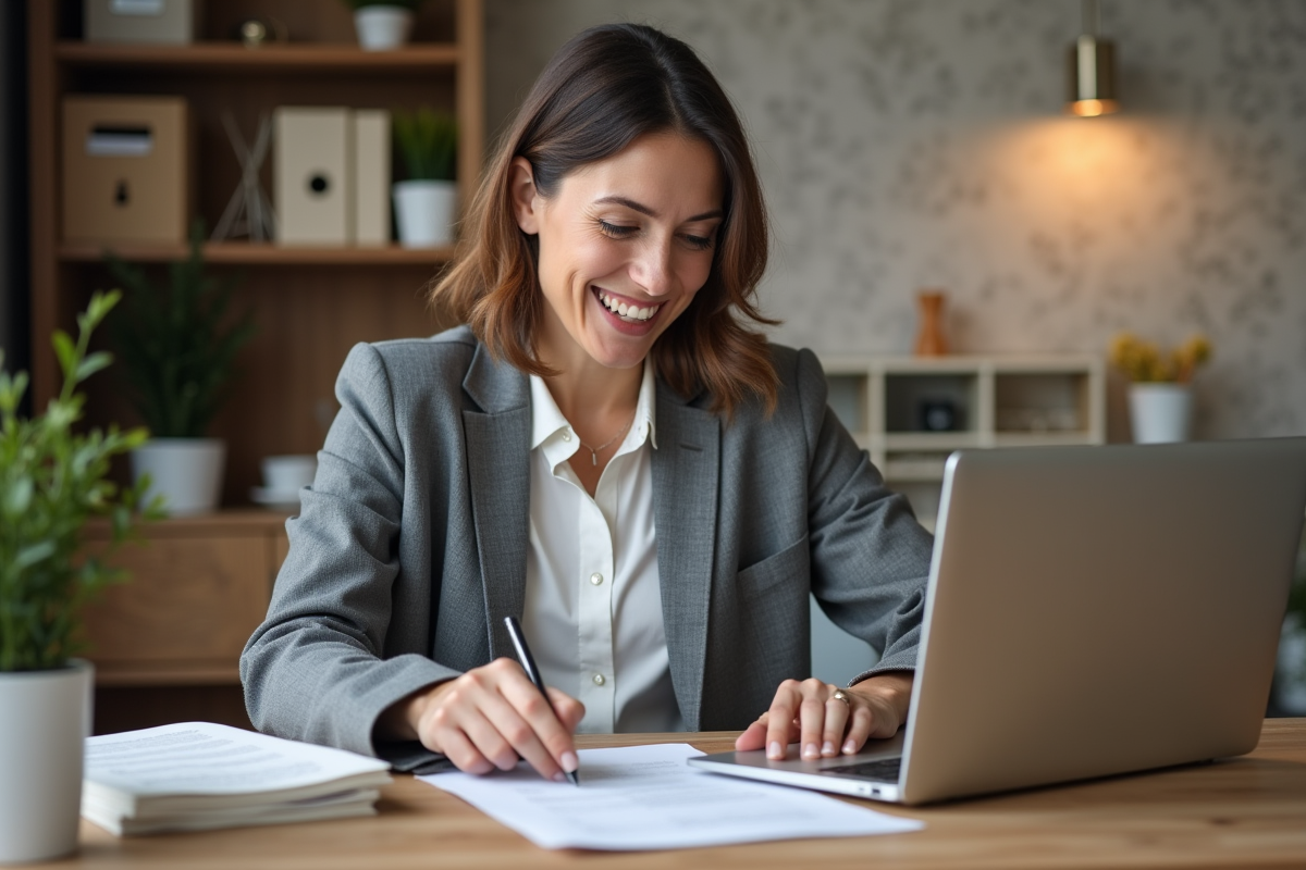 Femme française souriante vérifiant son relevé d'épargne pension