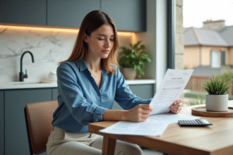 Femme détendue examinant des documents de prêt immobilier