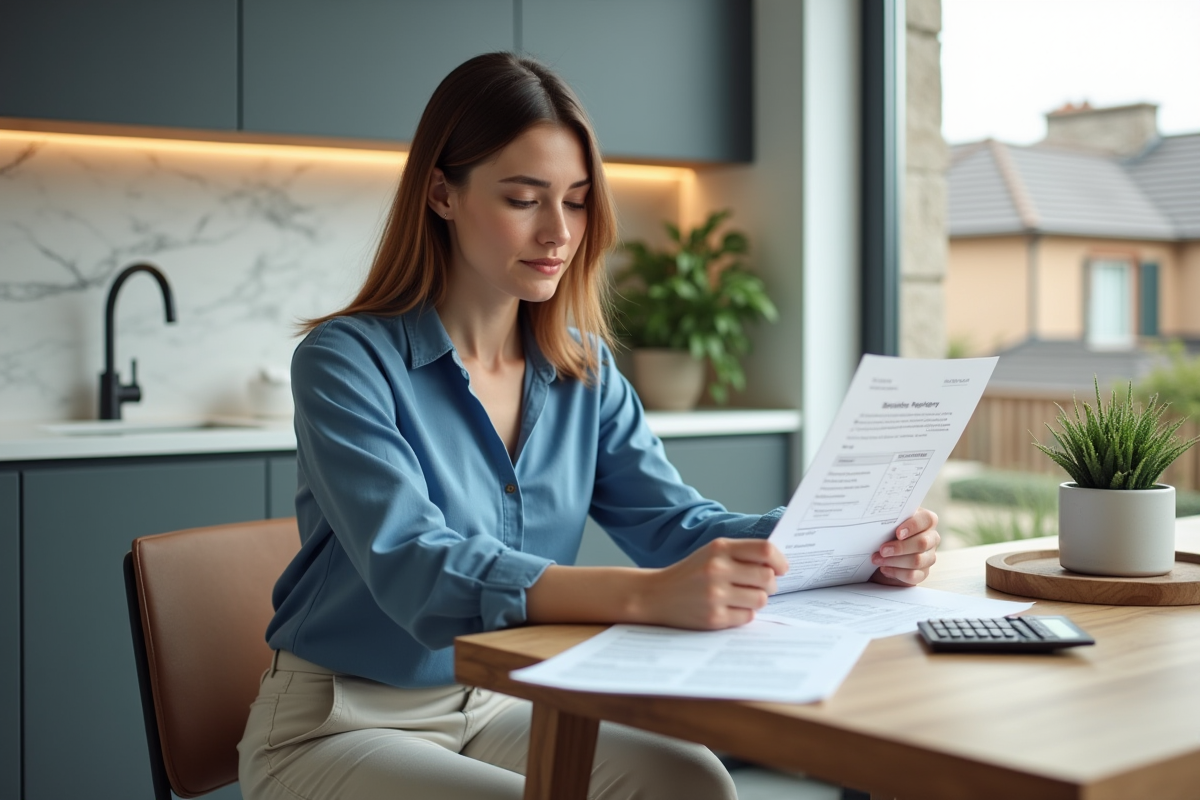 Femme détendue examinant des documents de prêt immobilier